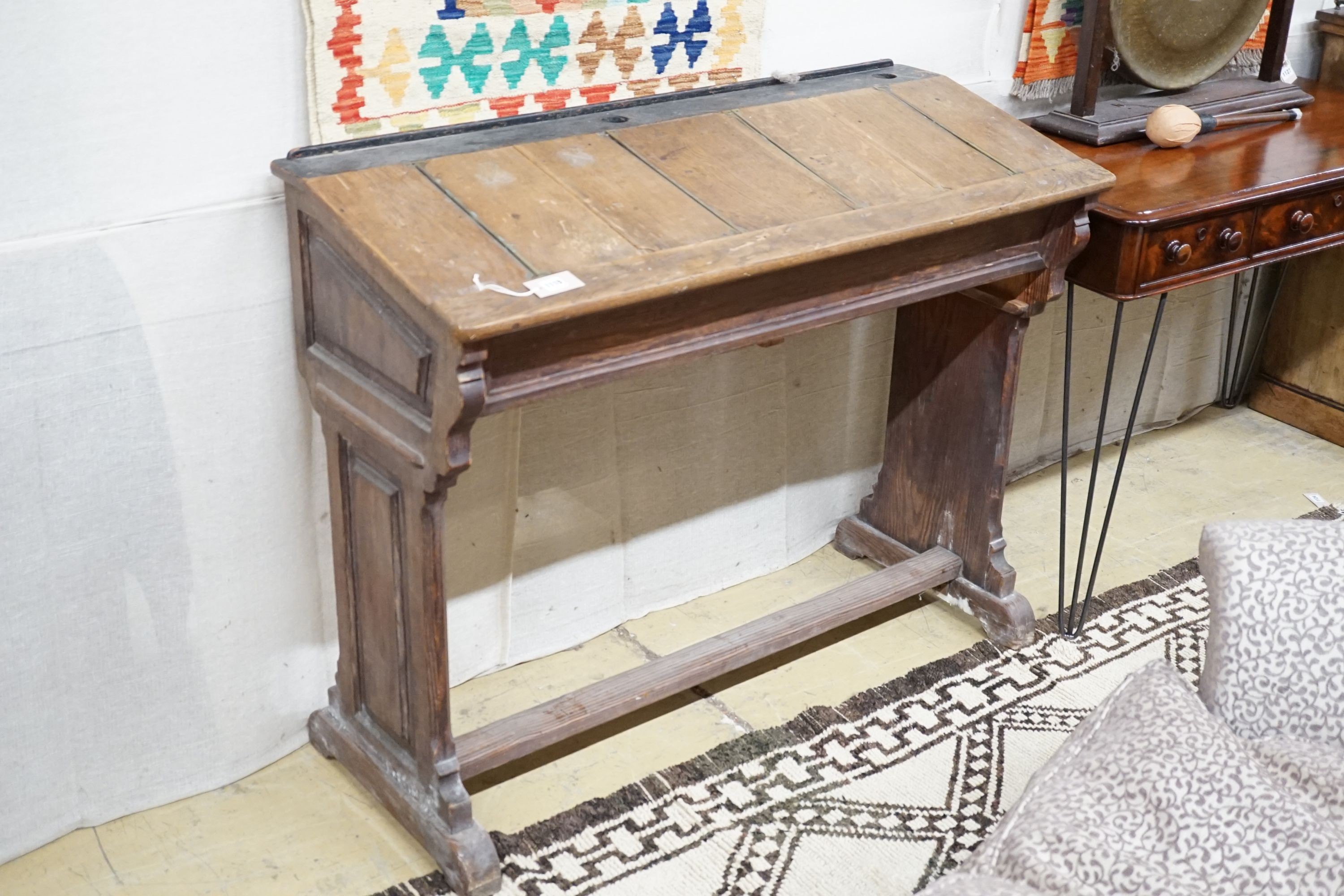 A Victorian oak and pine double clerk's desk, width 120cm, height 98cm
